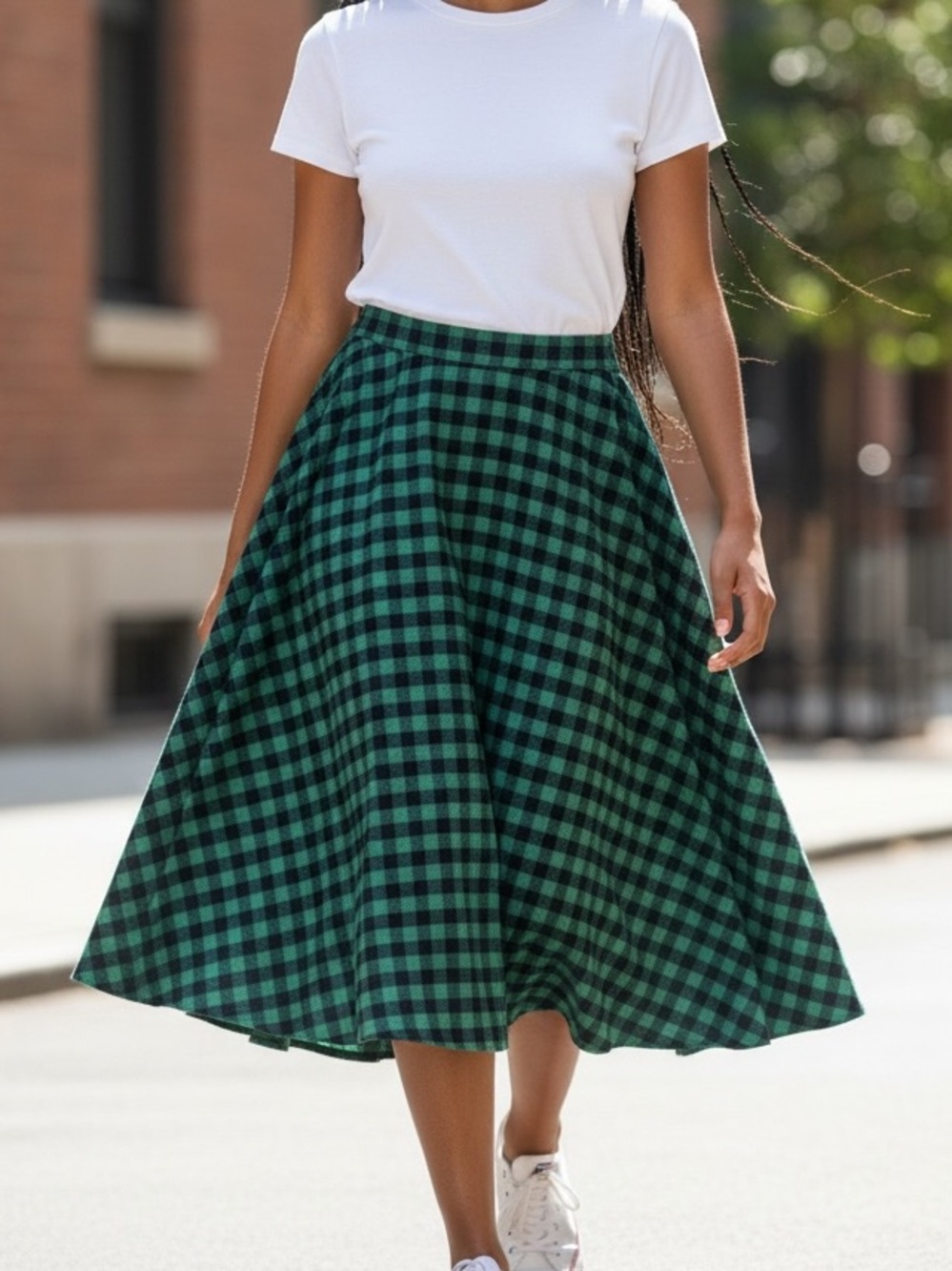 Green Plaid Circle Skirt - Flared Midi Skater
